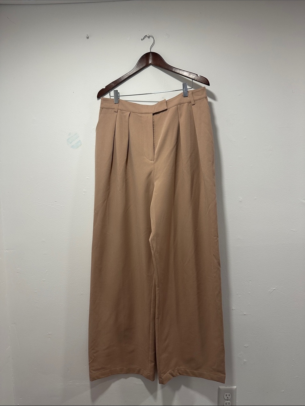 Wide-Leg Pleated Pants in Tan for Women 072